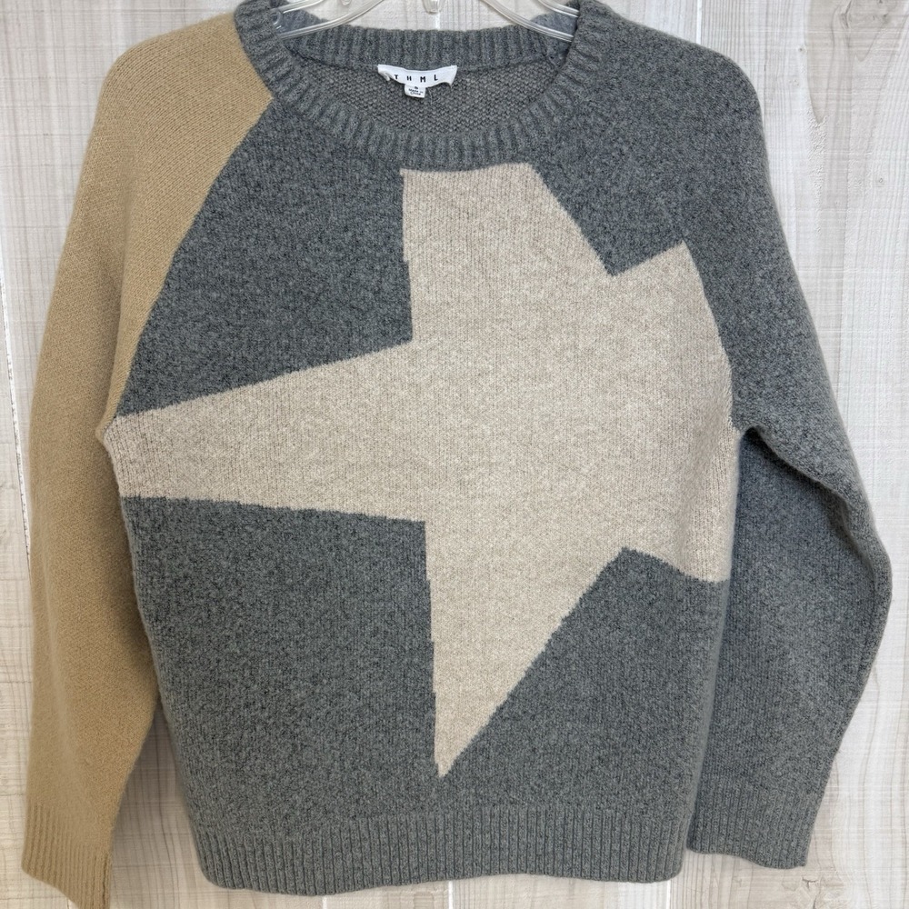 Y2K THML Colorblock Star Long‎ Sleeve Sweater Brown Gray White Women Size Small